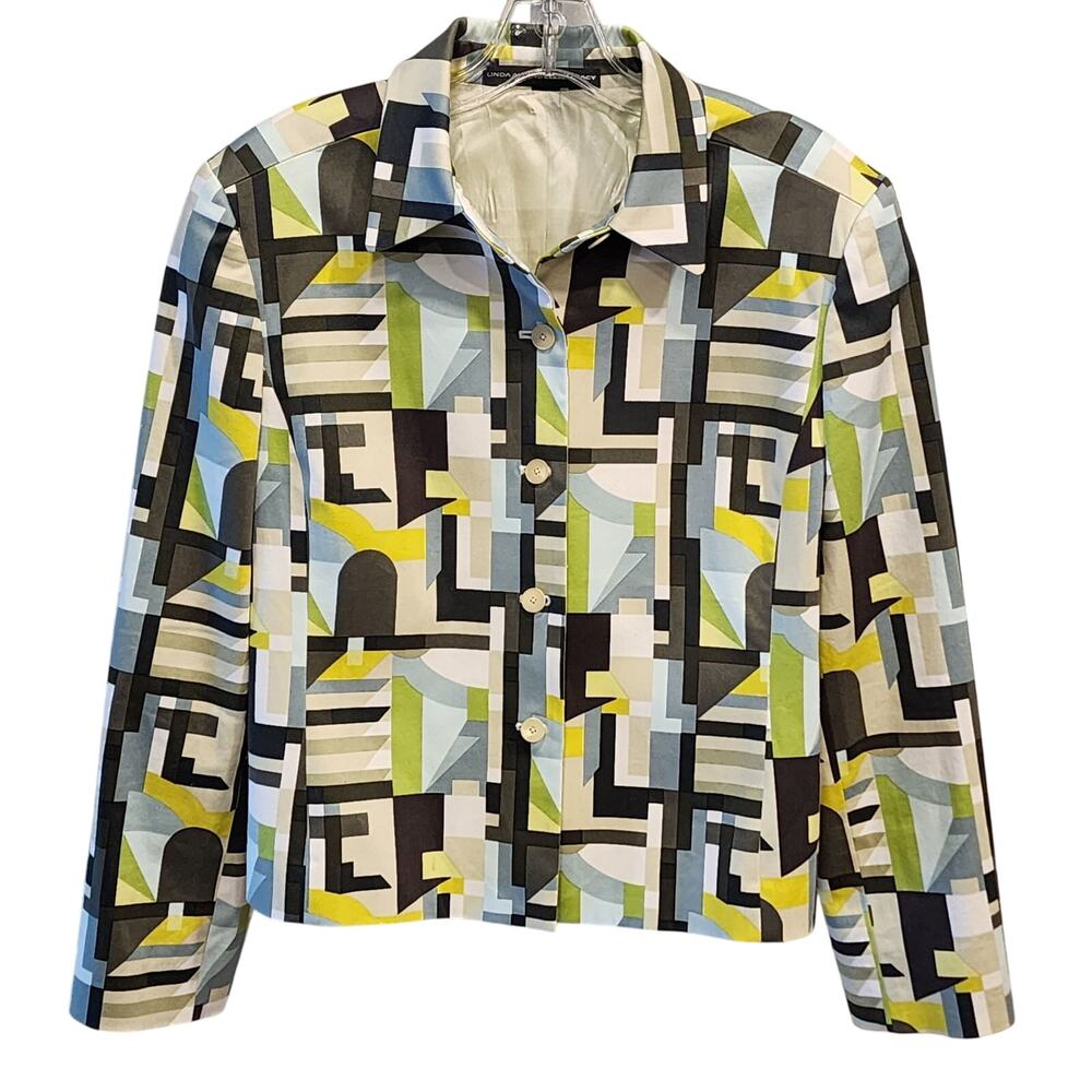 Ellen Tracy Geometric Cotton Blazer sz 14 Chartreuse Lightweight Career Summer
